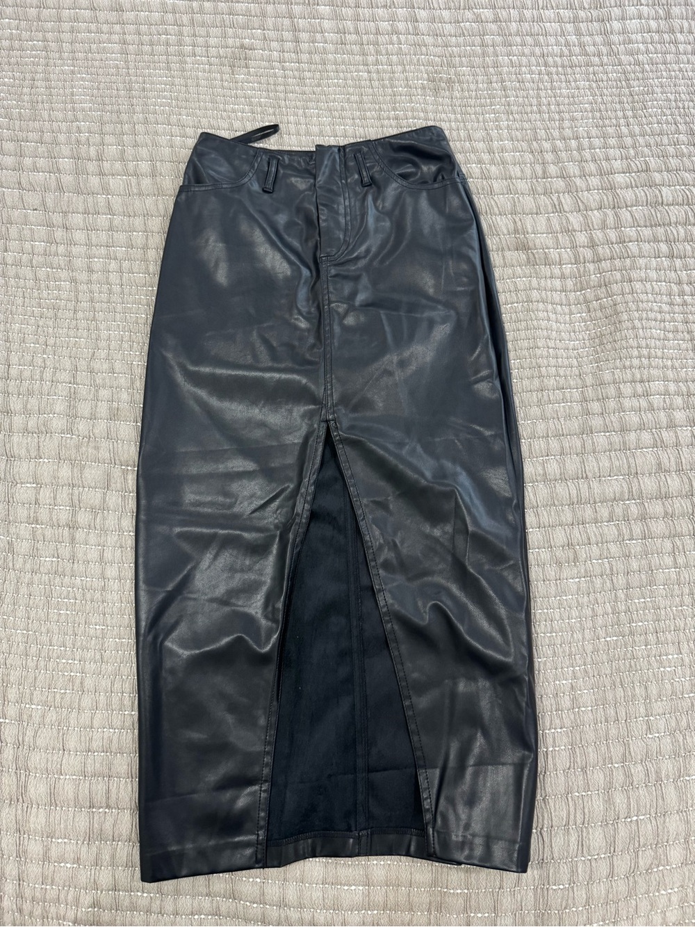 Black Faux Leather Midi Skirt with Front Slit